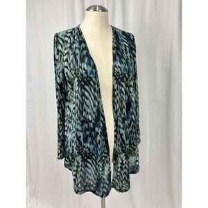 Chicos 0 Green Blue Leaf Print Sheer Mesh Open Front Cardigan Size S